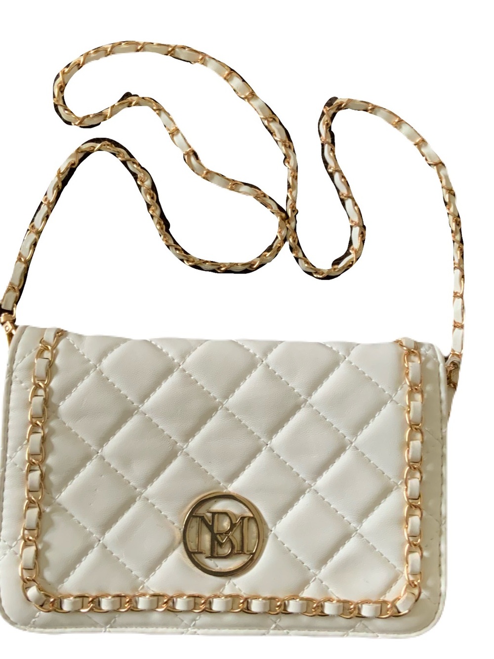 Badgley Mischka Quilted White Crossbody Bag with Gold Chain Accents